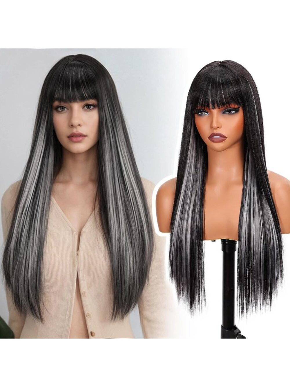 26Inch Women's Black Silver Ash Straight Synthetic Highlight Wig with Bangs